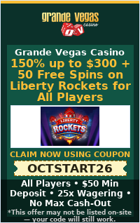 150% up to $300 + 50 Free Spins on Liberty Rockets for All Players